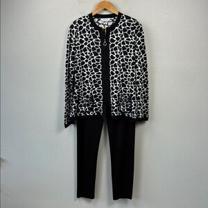 Misook Sweater Pants SET Black Animal Print Zip Cardigan Knit Pull-On Vintage  M